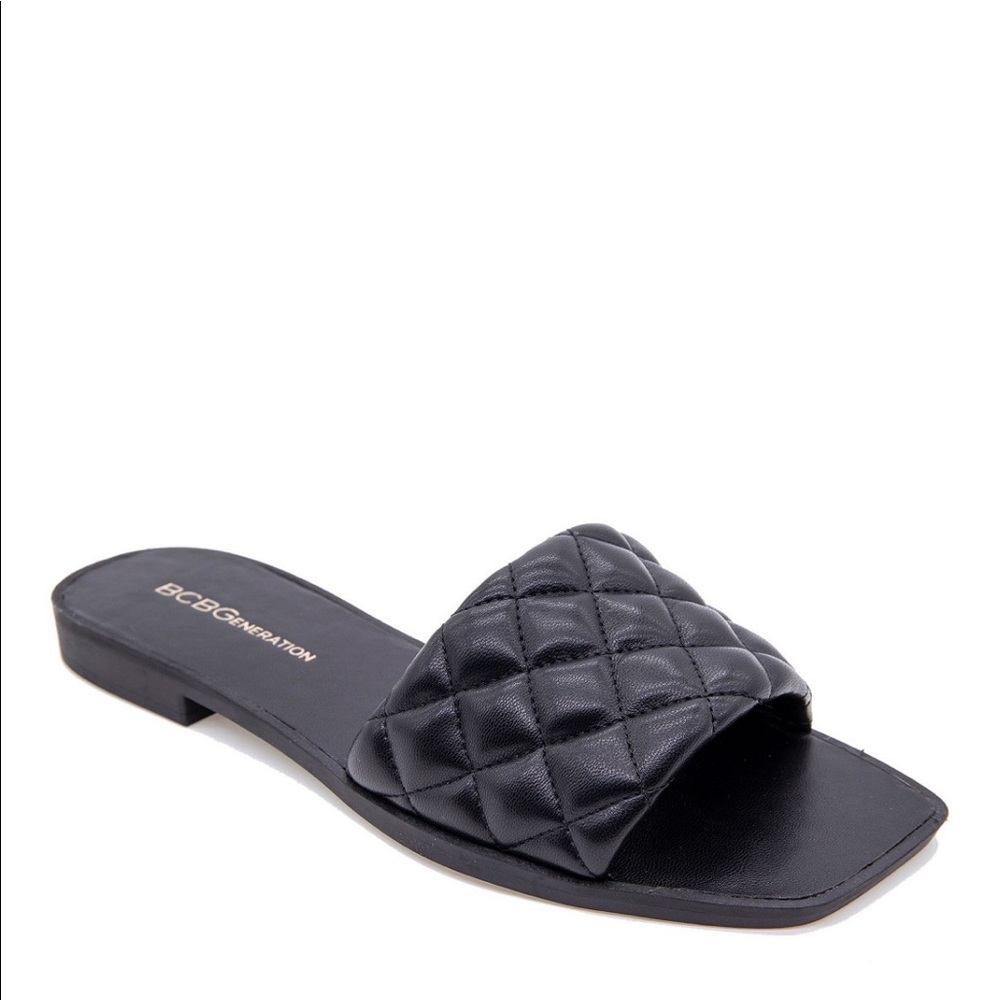 BCBG Quilted Black Slide Sandals
